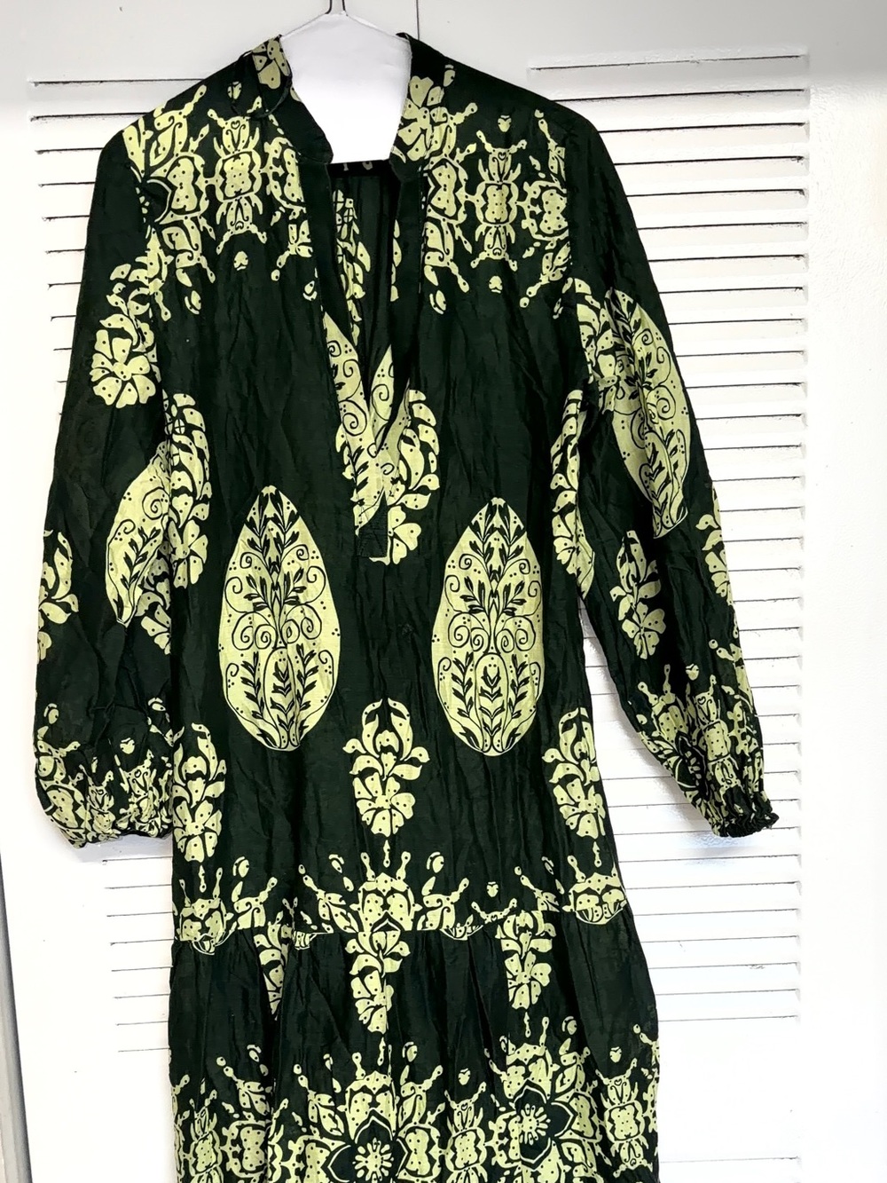 Zara Black Dress with Lime Green Botanical Print, Long Sleeve